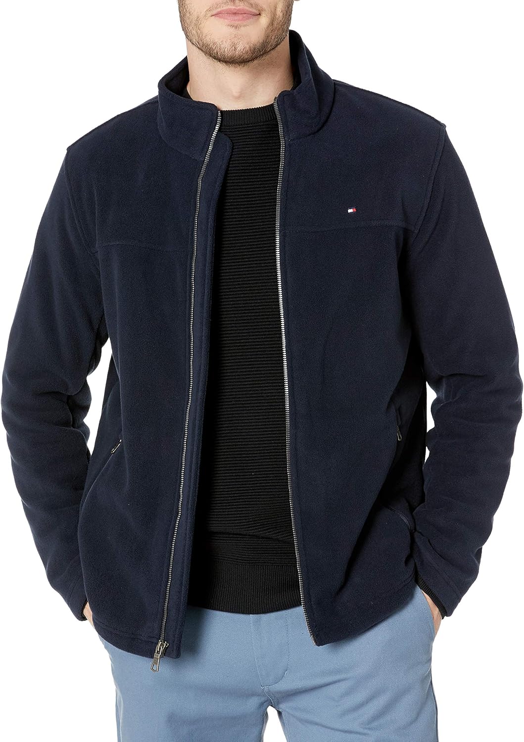 Tommy Hilfiger Jaqueta masculina clássica de lã polar com zíper frontal, Azul marino, M